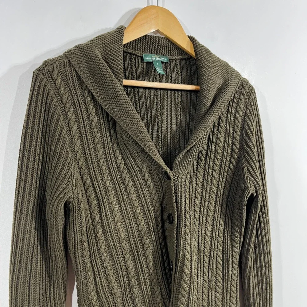 Lauren Ralph Lauren‎ Old Money Preppy Cable Knit Shawl Collar Cardigan Small